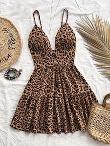 Vestido camisola de estampado de leopardo para mujer, vestido corto sin mangas casual y de moda para vacaciones en la playa, ropa de verano para damas