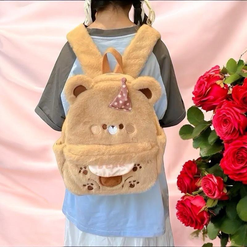 Balo đeo vai hình gấu và chim cánh cụt dễ thương Backpack Nam balo  nâu