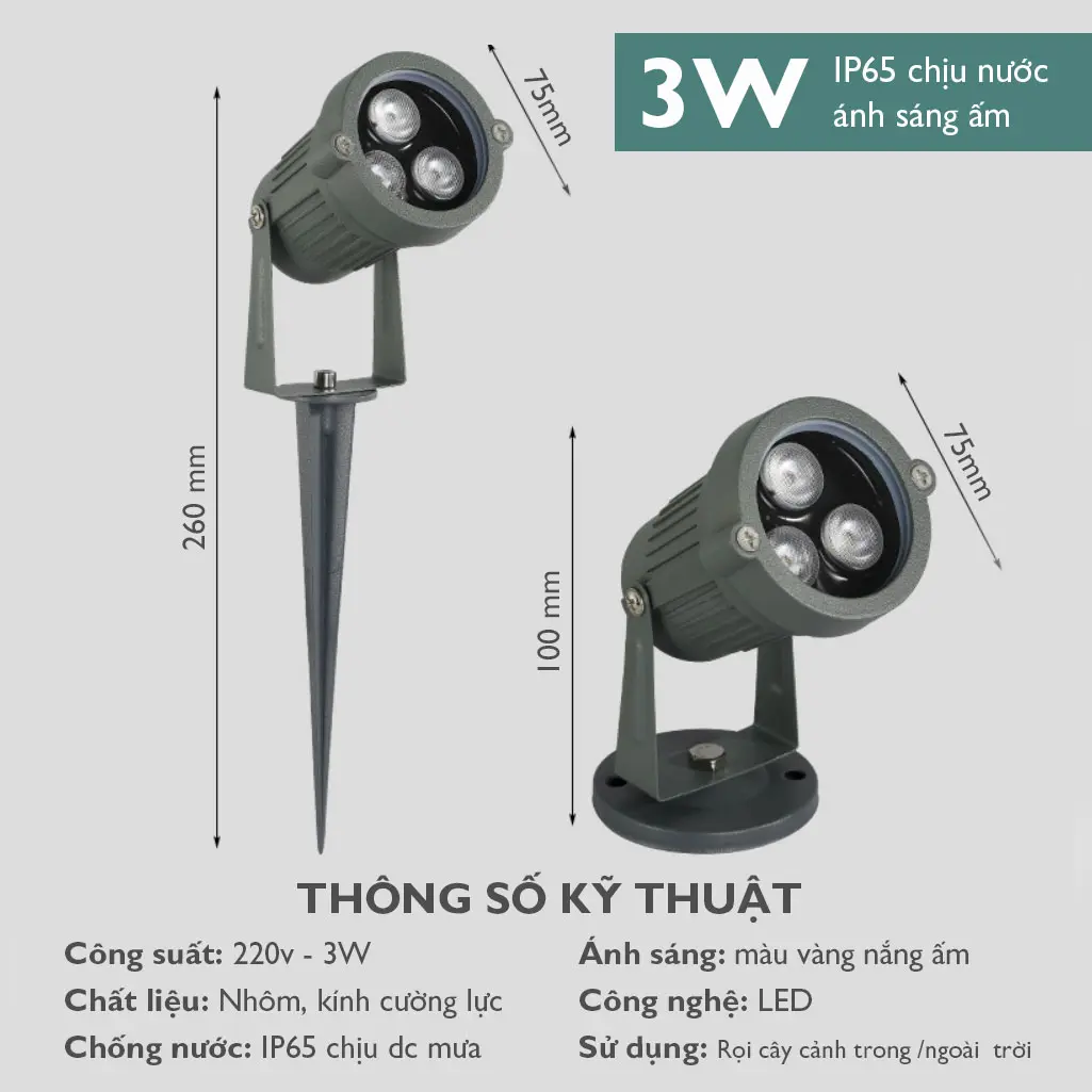 Đèn Led Rọi Cây 3W chống nước dùng ngoài trời