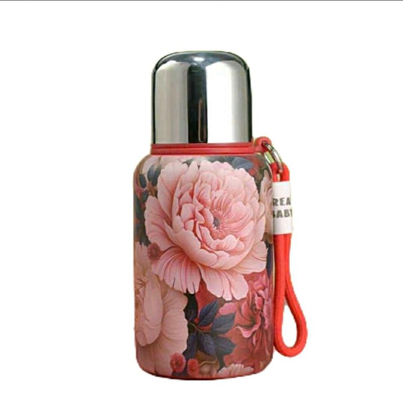 Product Introduction of Bình giữ nhiệt 4 đến 6 tiếng hình hoa hồng nắp kèm cốc  dây chắc chắn inox 316 ,dung tích 650ml, 1