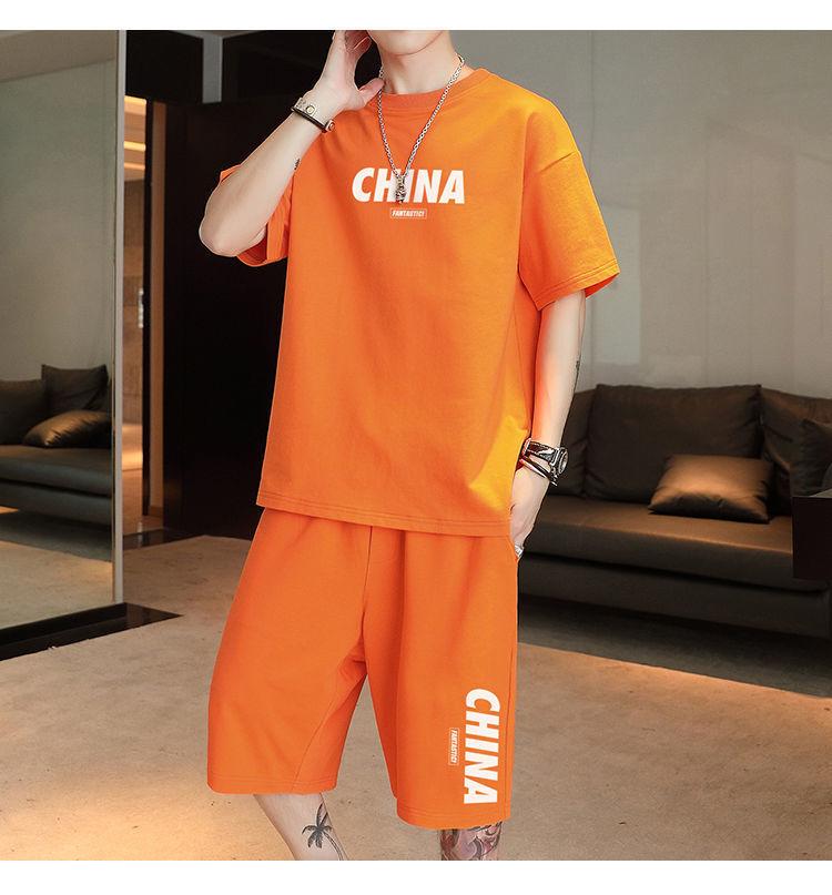Product Introduction of Summer New Trendy Hong Kong Style Simple Letter Printing Leisure Sports Suit Green Student Short Sleeve Shorts Two Pieces Suit Menswear Overalls Lingerie Formal 7
