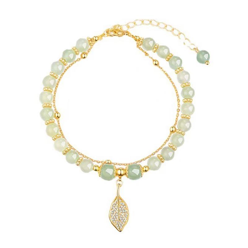 Women Bracelet Faux Jade Smooth Bead Leaf Pendant Double-layered Adjustable Length Rhinestone Lady Bangle Prom Daily Wrist Jewelry 4