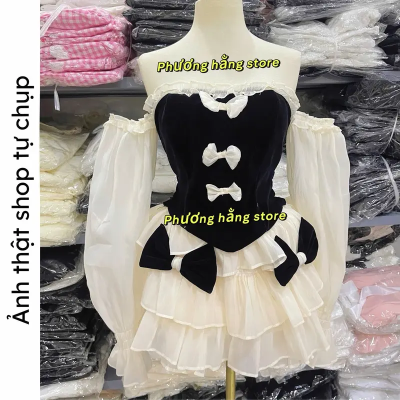 ￼(HOẢ TỐC) Set Áo Trễ Vai tay phồng  Kim TuyếnPhối Nơ Chân Váy Xoè Set Váy Mặc Noel Tết Nữ Women Dress Tre Voi Sen Voan vaydodonnoel vaytet vaytiec Đỏ 4