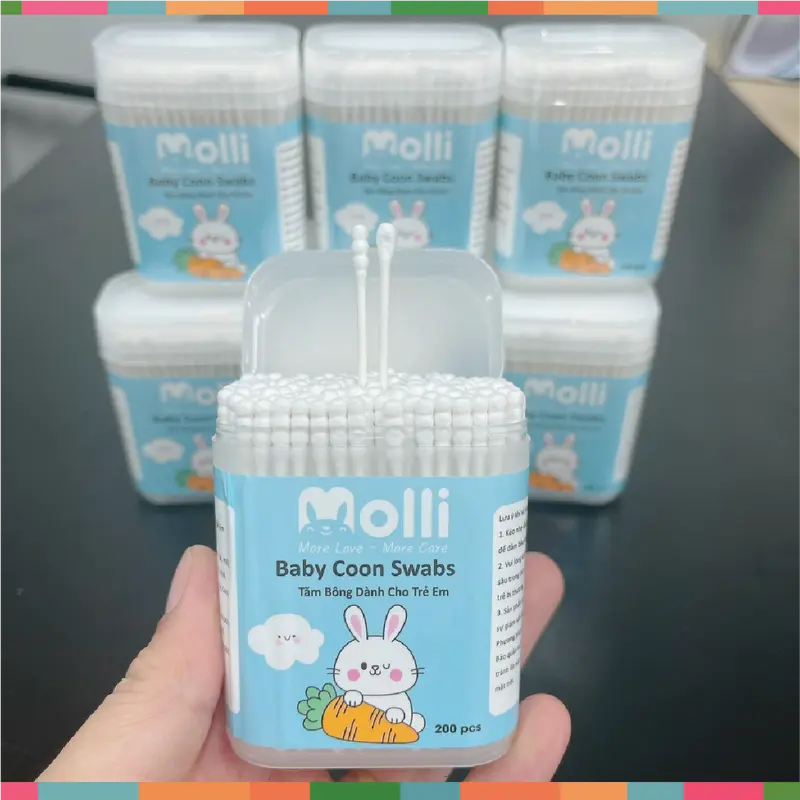 Tăm bông trẻ em Molli kháng khuẩn (Hộp 200 Que Lõi Giấy)  cho bé sơ sinh ngoáy tai, mũi -  Thiết kế 2 đầu đặc biệt dễ dàng sử dụng 6