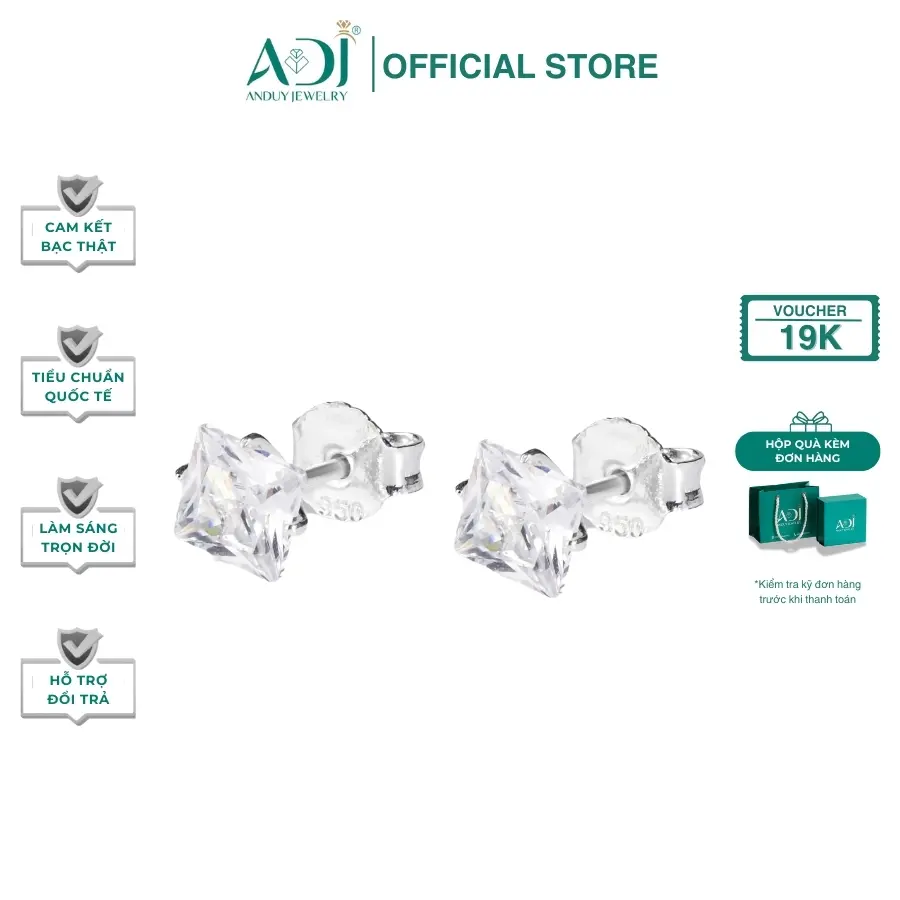 Bông Tai Bạc Nữ 925 ADJ Đính Đá Cz Vuông Lấp Lánh Quyến Rũ Phụ Kiện Trang Sức Khuyên Tai SB10048AD