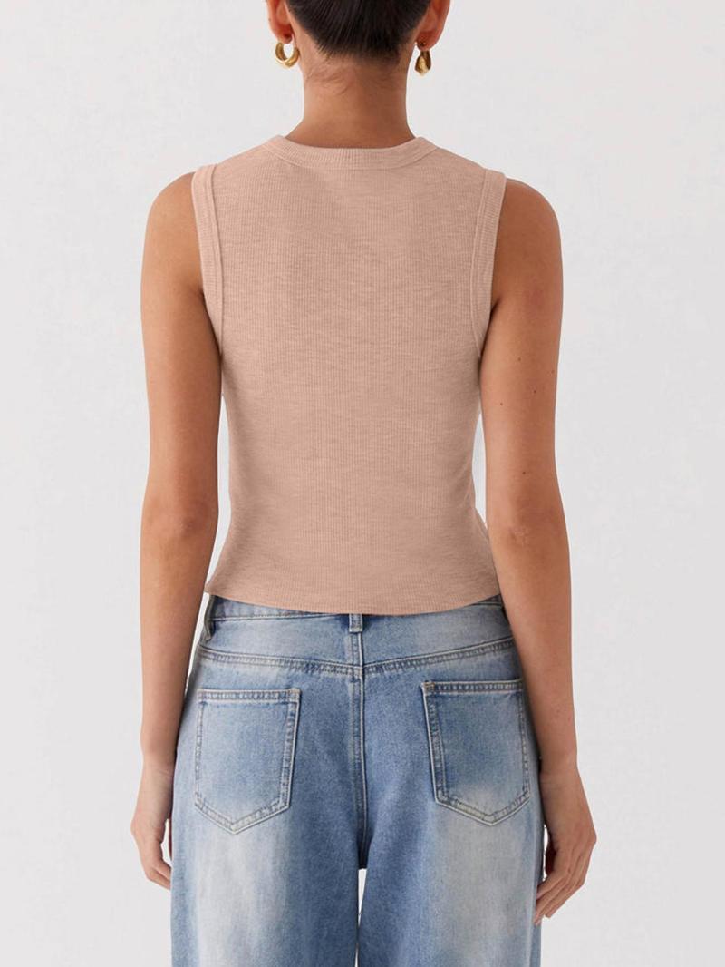 Product Introduction of Women's Plain Button Front Ribbed Tank Top, Casual Sleeveless Round Neck Top for Daily Wear, Ladies Clothes for All Seasons, Tank Tops for Women, Back to School Clothes, Girl Gifts, Loser Core Outfits Womenswear Tube 9