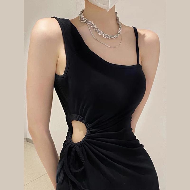 Đầm Body Chất Thun Gân Dày Dặn Dáng Maxi DD41 Dây Rút Eo Hở Vai 1 Bên Phong Cách Quyến Rũ Nữ Đen Nhung Voi