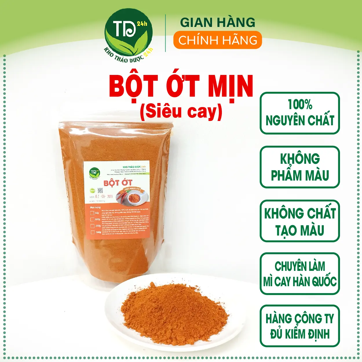 Ớt bột mịn cay nồng dùng nấu mì cay, làm kim chi, nguyên chất 100%, hàng công ty I Kho Thảo Dược 24h