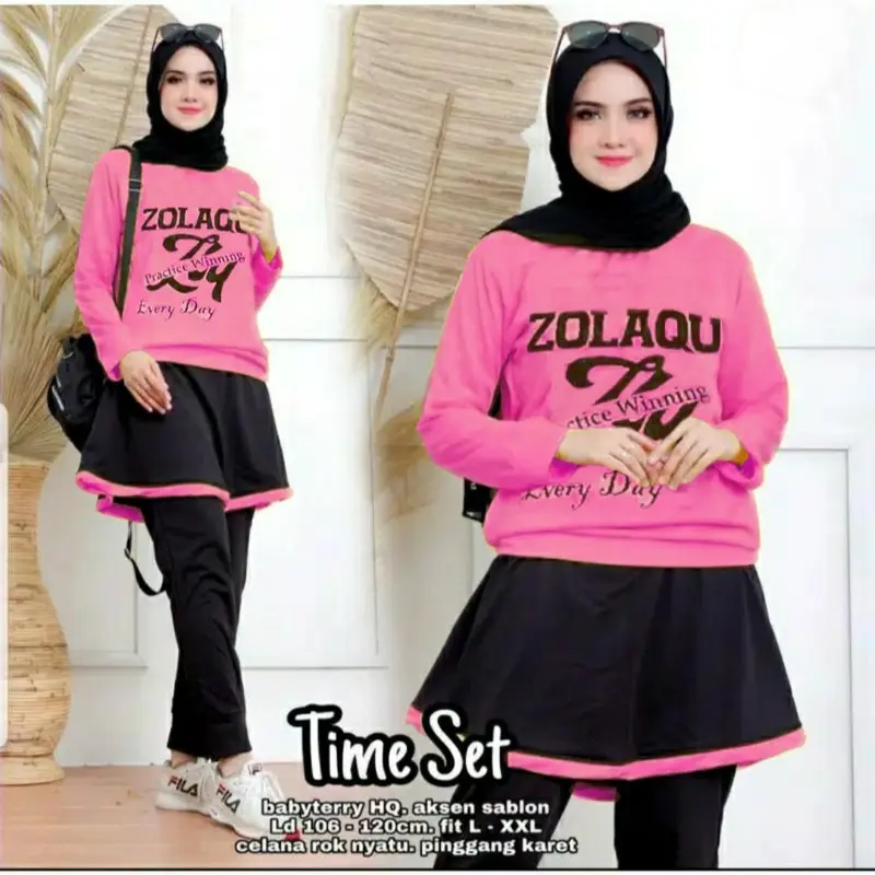 SETCEL JUMBO TIME Gowes ZLQ | Baju Serba Setelan Pakaian Olahraga Wanita Muslim Rekomendasi Outfit Atasan Celana Panjang Polos Dewasa Kaos 2