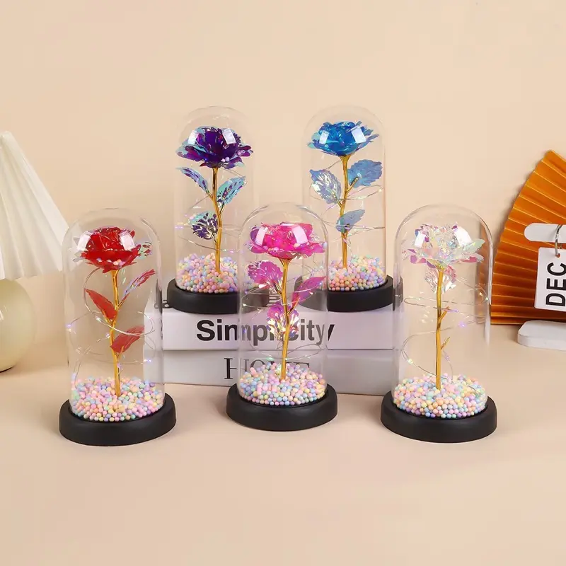 Đèn Hoa Hồng Vĩnh Cửu, Mẫu Đơn Giản, 1 Bông Hoa, Nắp Chụp Kính, Đế Nhựa, Quà Tặng, Tình Yêu 0