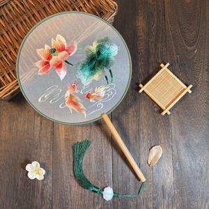 "Quạt Tròn Thêu Tay Đôi Mặt Cao Cấp - Phối Đồ Hanfu/Cổ Trang Suzhou (Tặng Túi Lụa)"