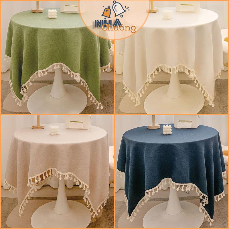 Khăn Trải Bàn Vải Một Màu Trang Trí Bàn Tròn, Bàn Vuông, Khăn Trải Bàn Gắn Tua Rua Hiện Đại