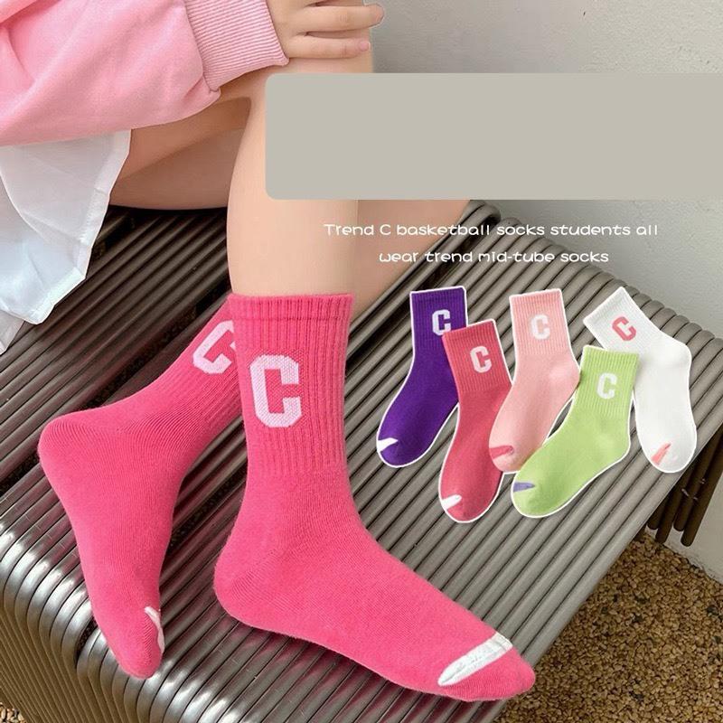 Set 5 đôi tất chữ C cao cổ cho bé gái màu hồng dễ thương Cotton Voi