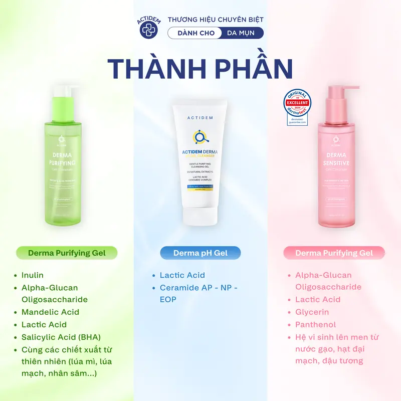 [Tặng 2 Quà Khi Mua 1 Tuýp] Gel rửa mặt giúp ngừa mụn cho da dầu, nhạy cảm, da hỗn hợp Actidem Derma pH/Sensitive/Purifying Gel Cleanser 30/150/180ml- ADS 2