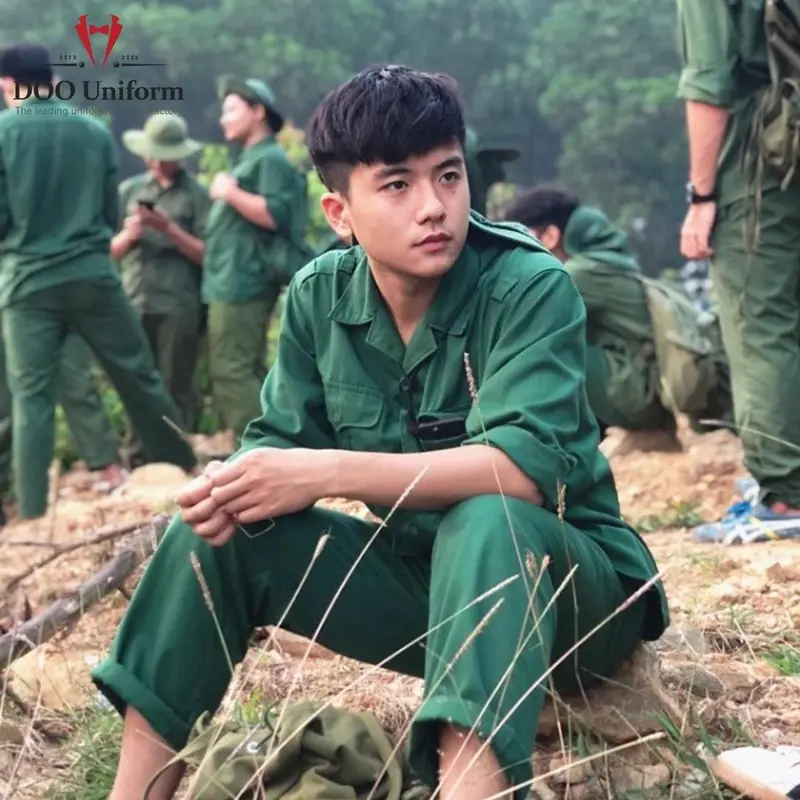 Quần áo tập quân sự, giáo dục quốc phòng, dụng cụ học tập, bảo hộ lao động vải kaki màu xanh lá loại đẹp 4