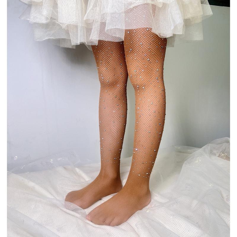 Product Introduction of 1pair Kids Girl Tight Fashion Fishnet Stockings Hollow Lace Rhinestone Glitter Pantyhose for Children Girl Summer Mesh Baby Sock 22