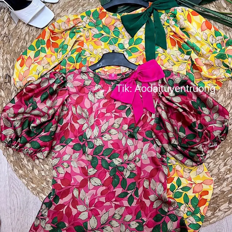 Bộ áo dài hoa lá đính nơ 2 màu 7