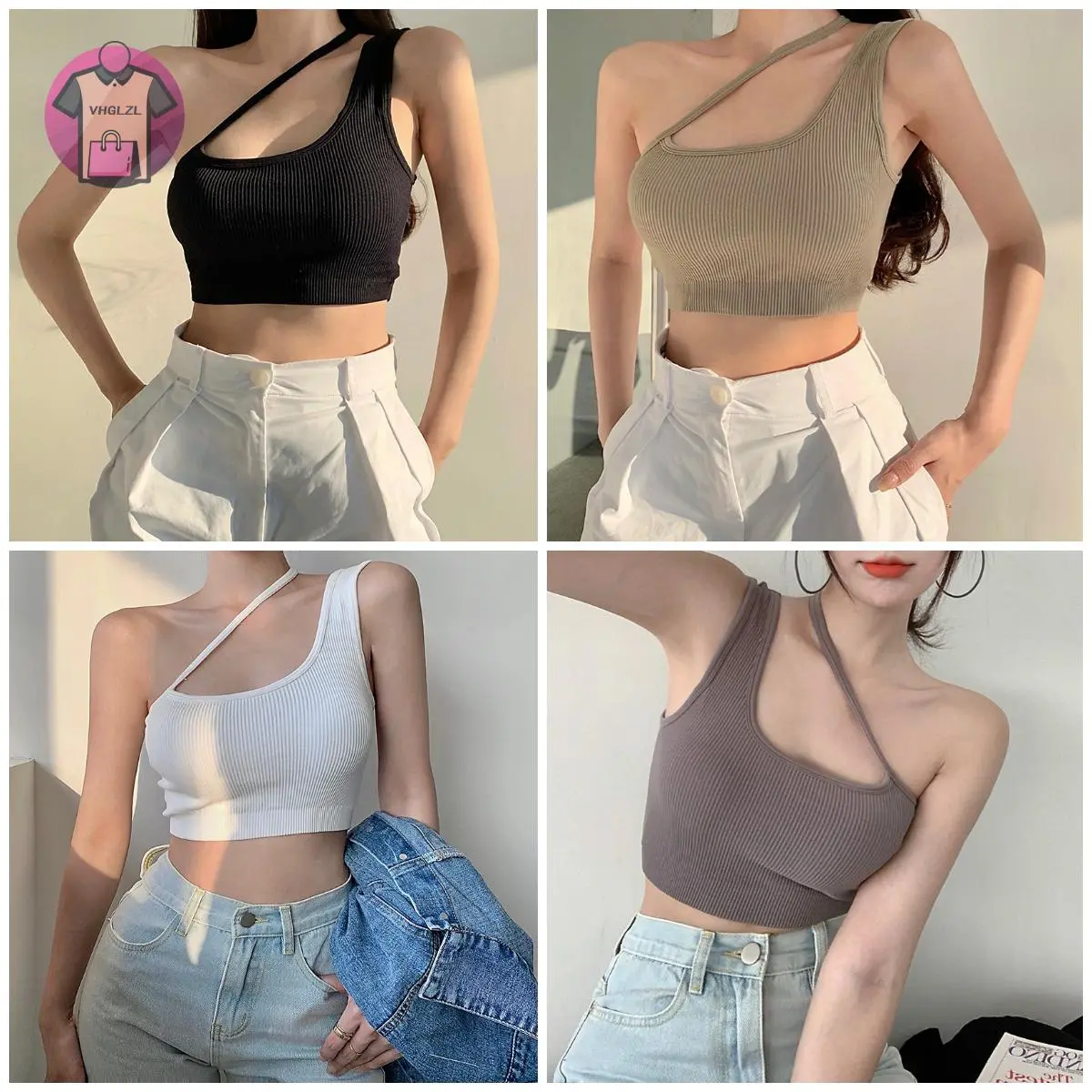 Women Sexy Navel Tops, Plain & Ribbed One Shoulder Sleeveless Slim Crop Top, Ladies Summer Bandage Short Shirt