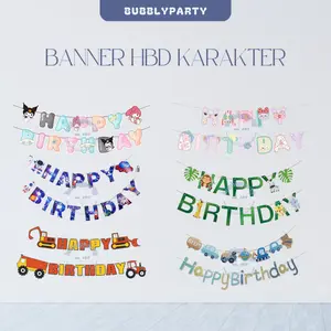 Banner Tulisan Happy Birthday Karakter Kuromi Astronot Car Animal Excavator