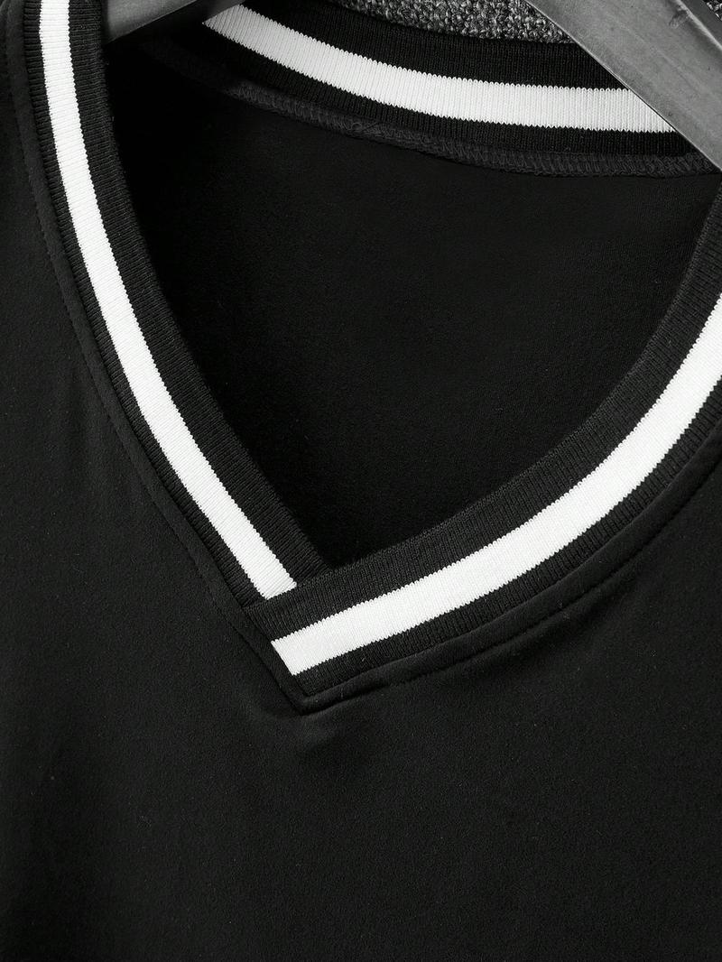 Product Introduction of Men's Letter & Number "23" Print Contrast Binding V Neck Tee, Regular Fit Casual Short Sleeve T-shirt for Summer, Men's Top for Daily Wear 8