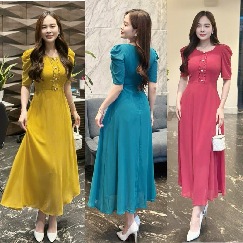 Đầm maxi form dài đính nẹp phối bèo đính nút, tay phồng - GR0297 (Hình thật shop chụp) Nữ Dress