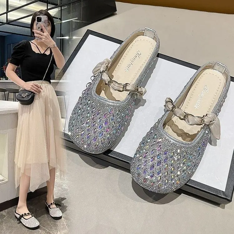 Dép Nửa Bít Mũi đính đá Thời Trang, Dành Cho Nữ, Thích Hợp Cho Mùa Hè, Có Thể Mặc Ngoài Trời, Đế Mềm, Giày Sục Lười, Lofter, Hàng Mới Về, 2024