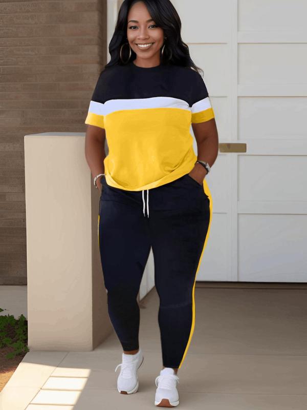 Lovelywholesale Two-piece Set Plus Size Colorblock Short Sleeve Tee & Drawstring Pocket Jogger Pants Set, Mean Girls Outfit, Co-ord Set for Women, Comfort Lady Co Ord Set, Casual Summer Clothes Set, Plus Size 2 Piece Sets 2