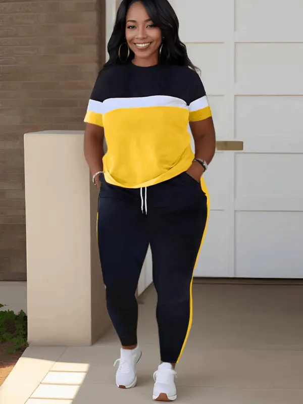 Lovelywholesale Two-piece Set Plus Size Colorblock Short Sleeve Tee & Drawstring Pocket Jogger Pants Set, Mean Girls Outfit, Co-ord Set for Women, Comfort Lady Co Ord Set, Casual Summer Clothes Set, Plus Size 2 Piece Sets 1