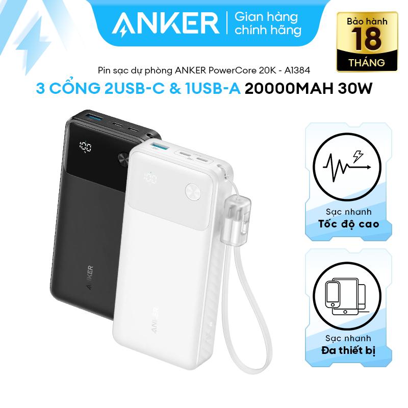 Pin Sạc Dự Phòng ANKER 20.000mAh 30W - 3 cổng (2USB-C & 1USB-A) - Kèm dây cáp Type C - hỗ trợ công nghệ sạc pin nhanh PowerIQ 3.0 & Power Delivery - A1384