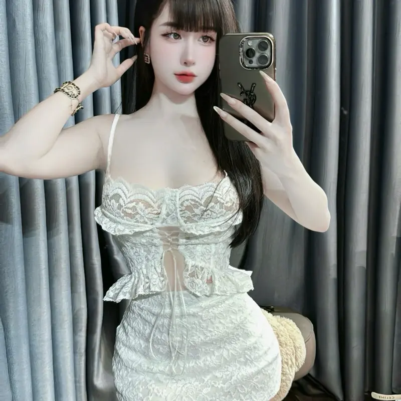 Sét áo 2 dây ren đan dây mixx chân váy ren ngắn