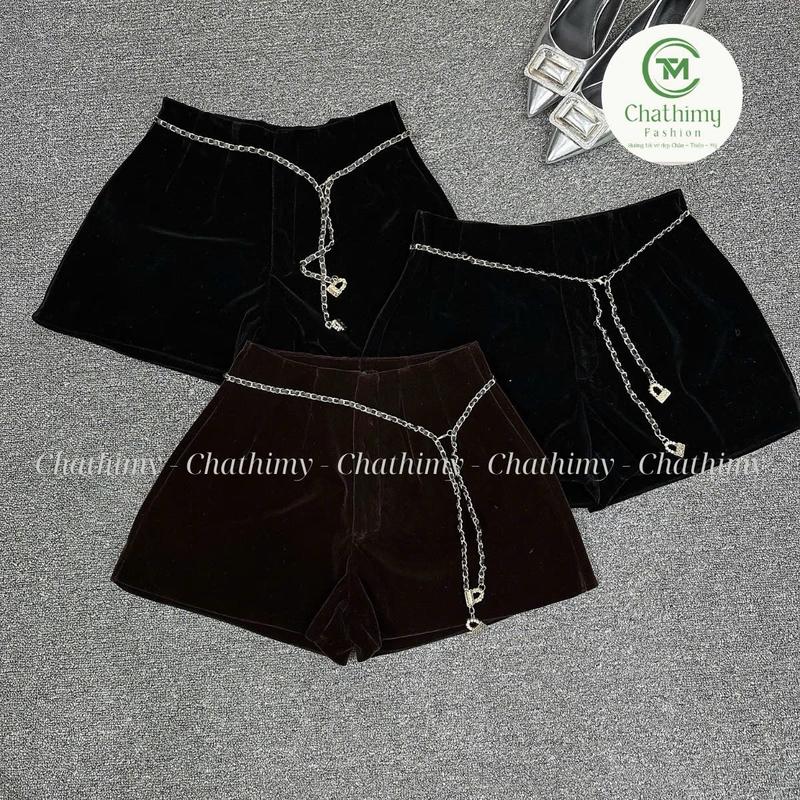[Tặng Kèm Dây Xích] Quần Sooc Nhung QCCC Cạp Cao Hack Dáng Hàng 2 Lớp 2 Màu Đen+Nâu Nữ Kem
