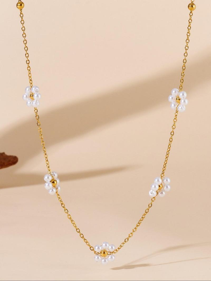 Product Introduction of Fashion Faux Pearl & Flower Decorated Necklace, Stainless Steel Jewelry for Party, Daily Decor, Trendy All-match & Exquisite Jewelry for Birthday Gift 2