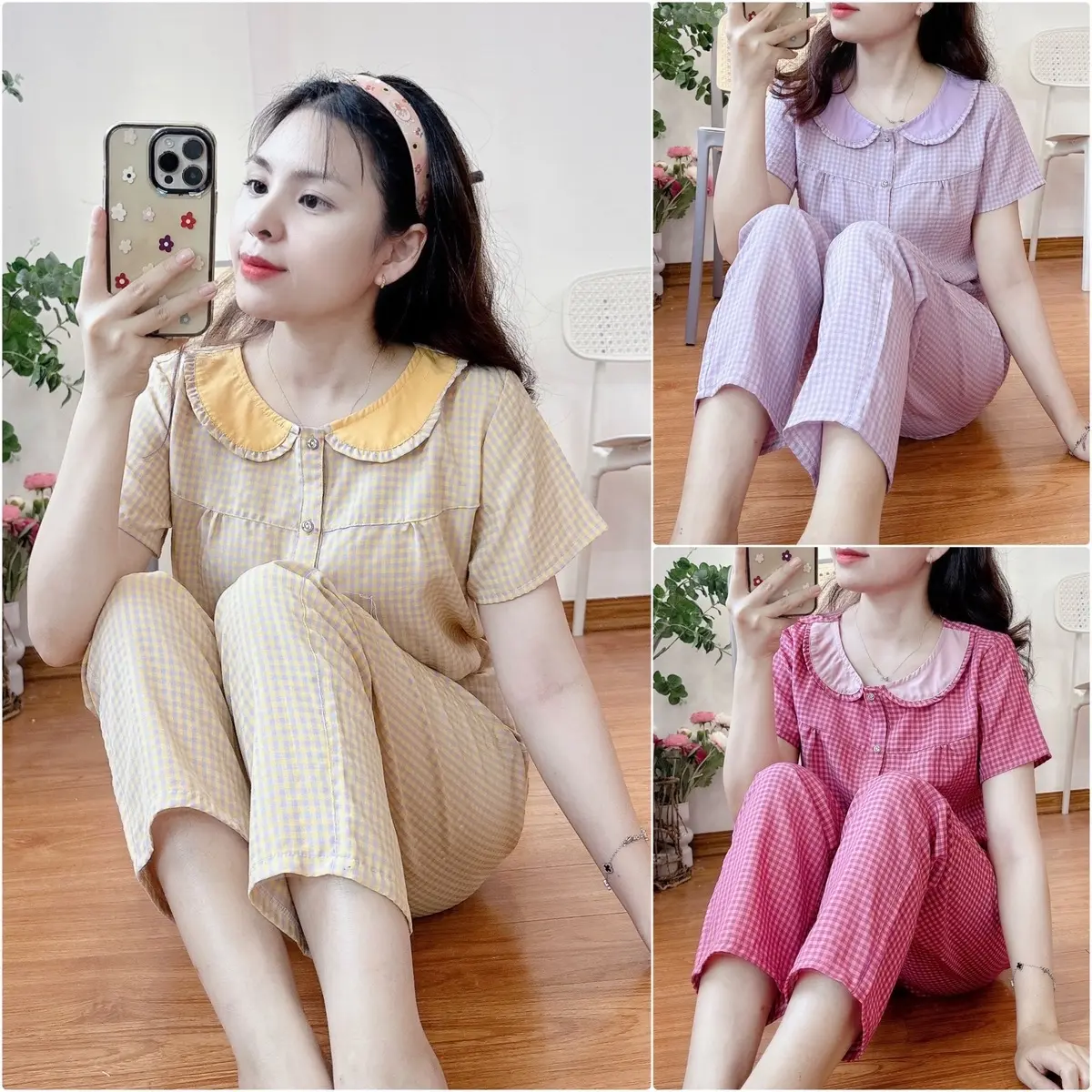 Bộ mặc nhà chất thô lụa mềm cổ sen phối bèo 4 màu( tay dài + tay cộc)