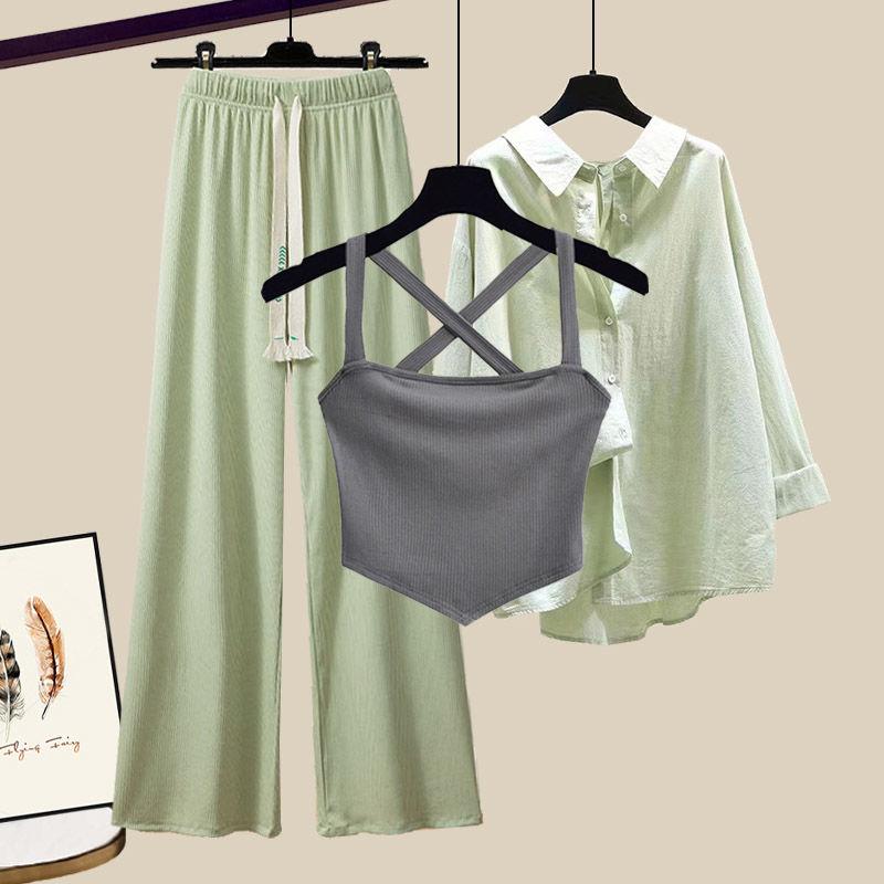 Product Introduction of plus Size Women's Summer Suit Female 2024 New Slim Korean Style Shirt Cross Tank Top Wide Leg Pants Three-Piece Suit Suit 5