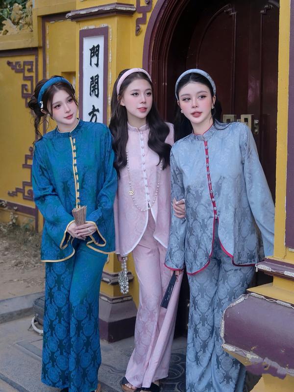 Pháp Phục đồ lam đi chùa Set Lụa Gấm Cao Cấp cổ tàu nút bọc vải Nữ Áo