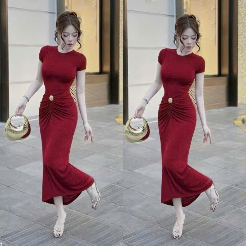 Đầm váy nữ cổ tròn tay ngắn nhún bụng dáng midi đính kèm tab - đầm mặc đi chơi đi tiệc sang chảnh, thun ladong CK07  Dress Women Đỏ 2