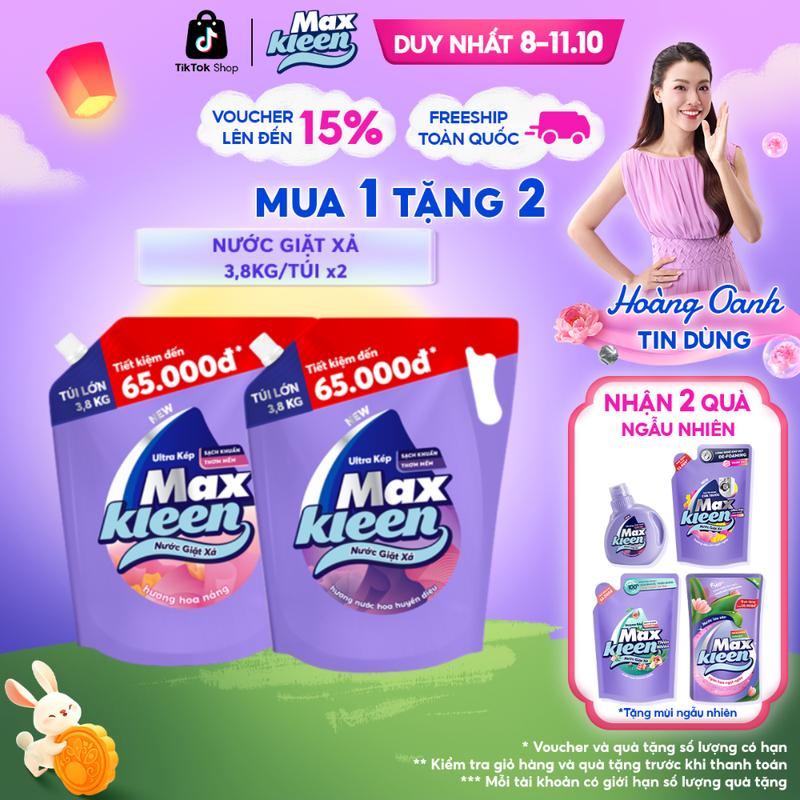 Combo Túi Nước Giặt Xả Làm Sạch MaxKleen Hương Huyền Diệu Túi 3.8kg + Hương Hoa Nắng 3.8kg