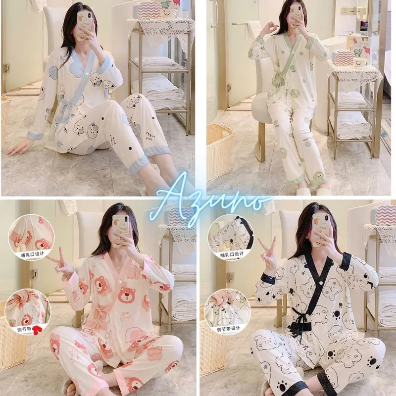 Bộ Đồ Bầu Sau Sinh Dài Tay Có Khe Mở Cho Con Bú Chất Liệu Cotton 0