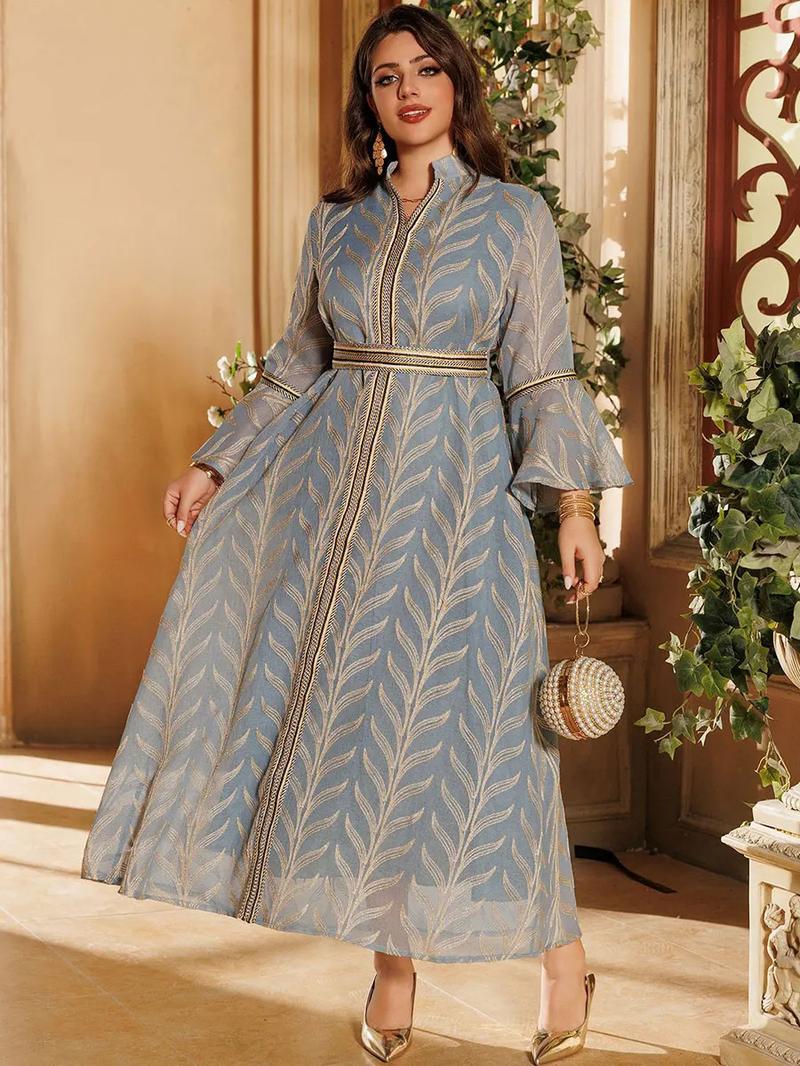 Product Introduction of Dubai Embroidery Abaya With Belt For Muslim Woman Notched Stand Collar Flare Sleeve Elegant Loose Moroccan Saudi Kaftan 9