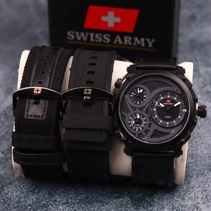 SWISS ARMY INFANTRY - Jam Tangan Pria Fashion Tali Kulit Paket Free Strap Rubber + Tali Kanvas Triple Time Aktif Tanggal Aktif - Water Resistant Fashion Analog Watches