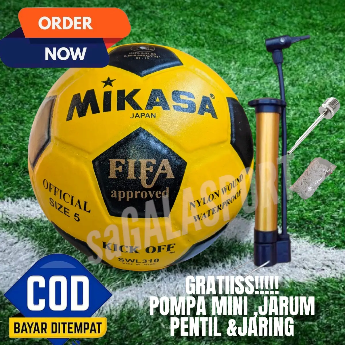 BOLA SEPAK PAKET LENGKAP + POMPA JARING DAN JARUM PENTIL
