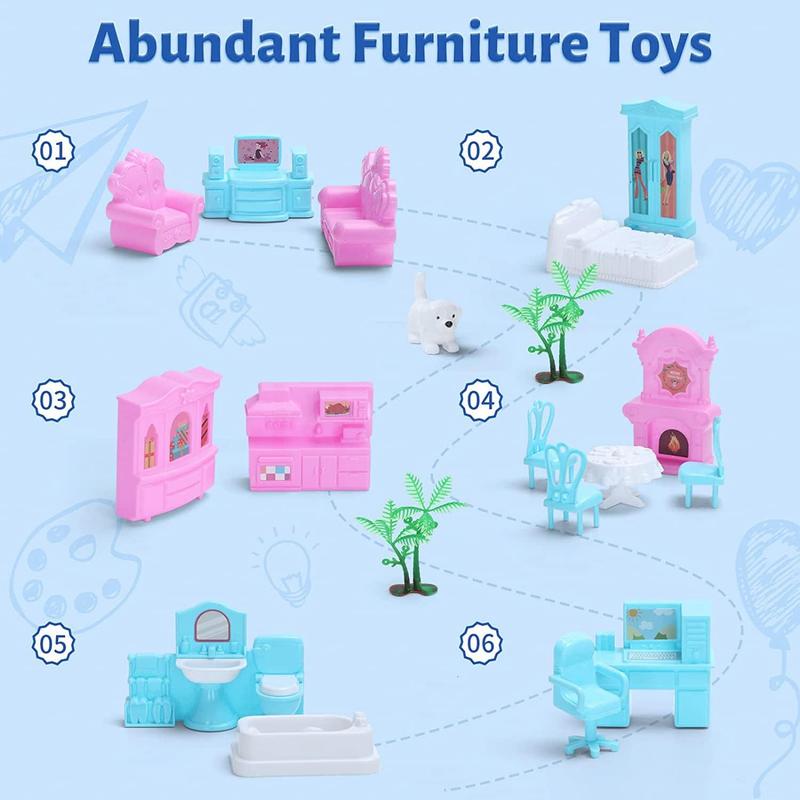 1 Set Doll House With 4 Dolls, DIY Doll House Kit, Pretend Play Dollhouse Toy For Kids, Miniature Furniture 2