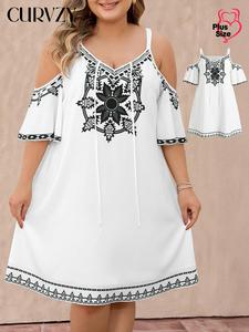 【Plus Size】CURVZY Geometric Print V Neck Dress, Casual Cut Out Dress for Summer, Women's Plus Clothing for Daily Wear