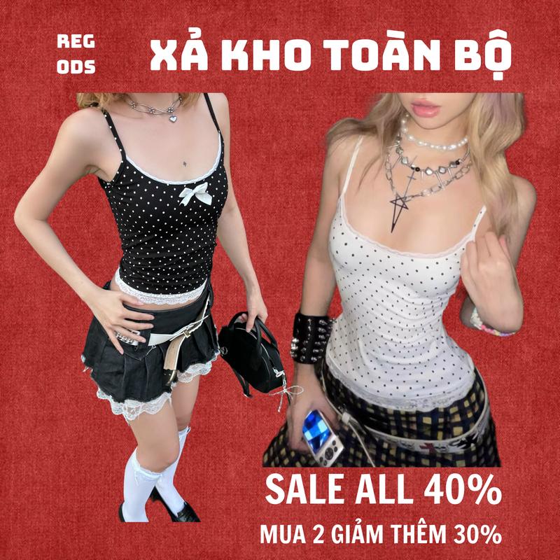 Áo hai dây chấm phối ren ghim nơ Lily vải thun cotton 4C co giãn ôm body Slim-fit Top - Lily Top ver 2 Regods