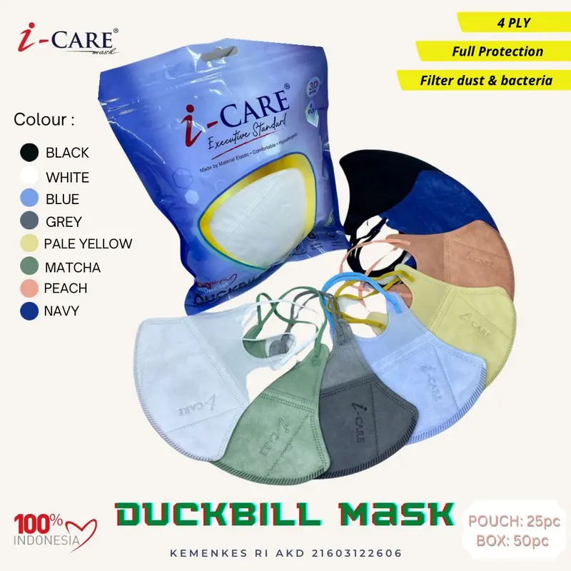 Masker ICARE Duckbill EMBOS Earloop 4ply PREMIUM QUALITY BOX 50pcs / POUCH 25pcs Waterproof Duckbill Icare 0
