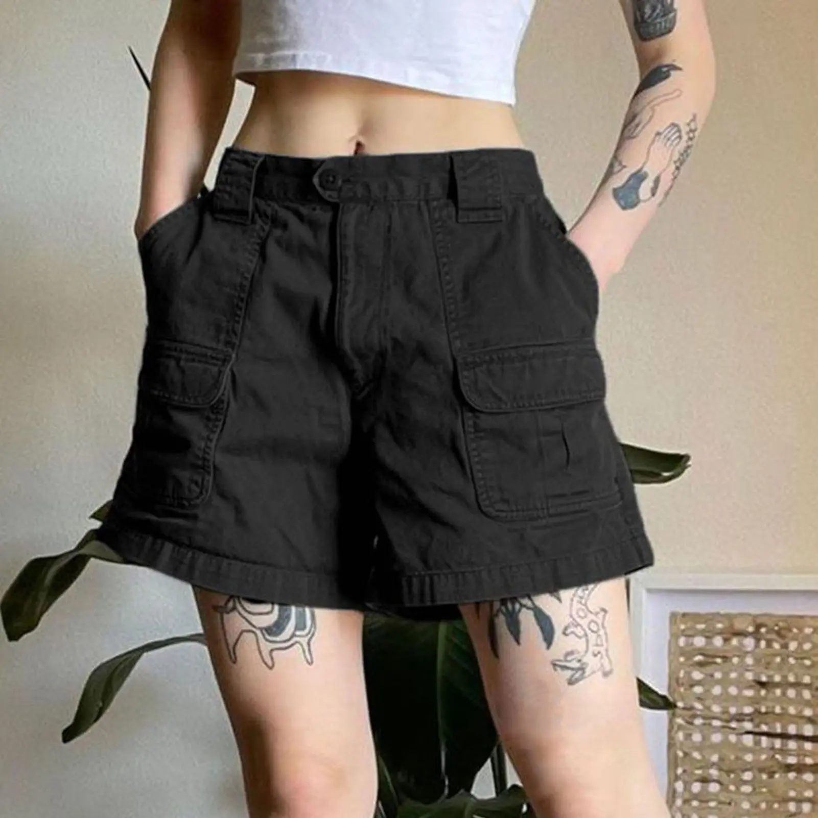 Women Cargo Shorts Thin Retro Solid Color Multi Pockets Loose Button Zipper Closure Washed Streetwear Hip Hop Lady Short Pants