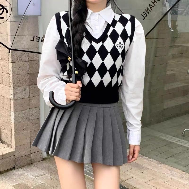  Áo gile len nữ họa tiết kẻ caro cổ tim phong cách Ulzzang len dệt kim kiểu dáng Hàn Quốc trẻ trung phong cách 