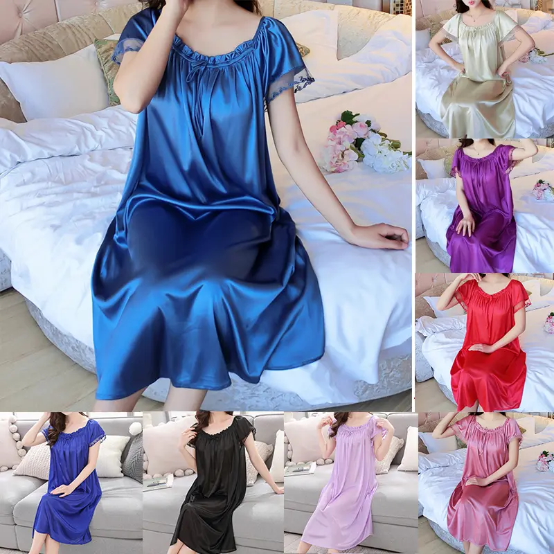 10 Colors Plus Size Women Pajamas Dress Short Sleeve Long Nightly Dress Comfortable Home wear Sleepwear
