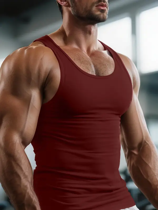 Men's Solid Round Neck Tank Top, Regular Fit Casual Breathable Sleeveless Top for Gym Workout, Men's Top for Summer 5