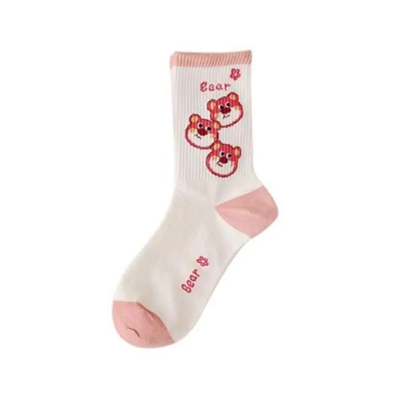 Pink Strawberry Bear Mid length Socks Children's Socks Instagram Versatile Spring/Summer Academy Style Student Cute Cartoon Socks
